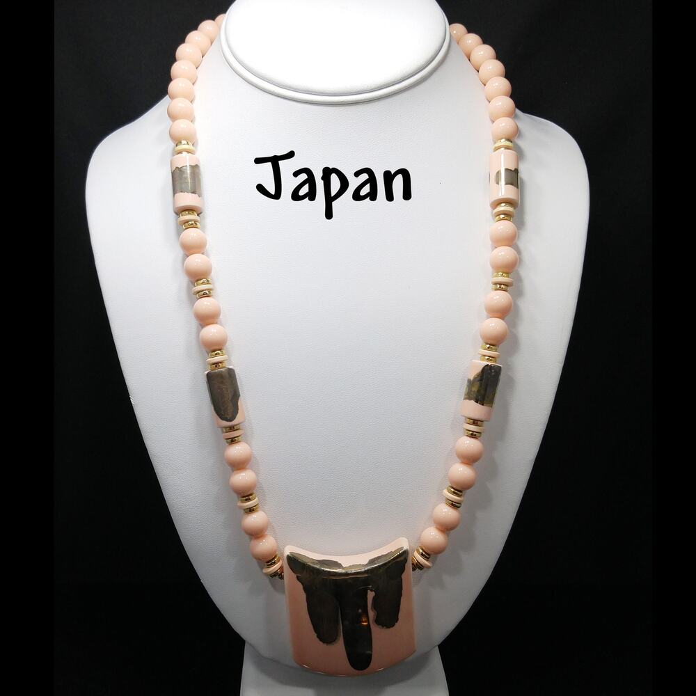 Vintage Japan Peach Bronze Necklace, Beaded Pendant, 1960s  Jewelry